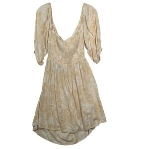 Roxy Womens Floral Smocked Puff Sleeve High Low Mini Dress Tan White XL